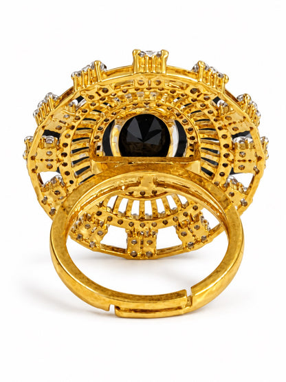 Black Center Stone Baguette Halo Ring - Gold Plated