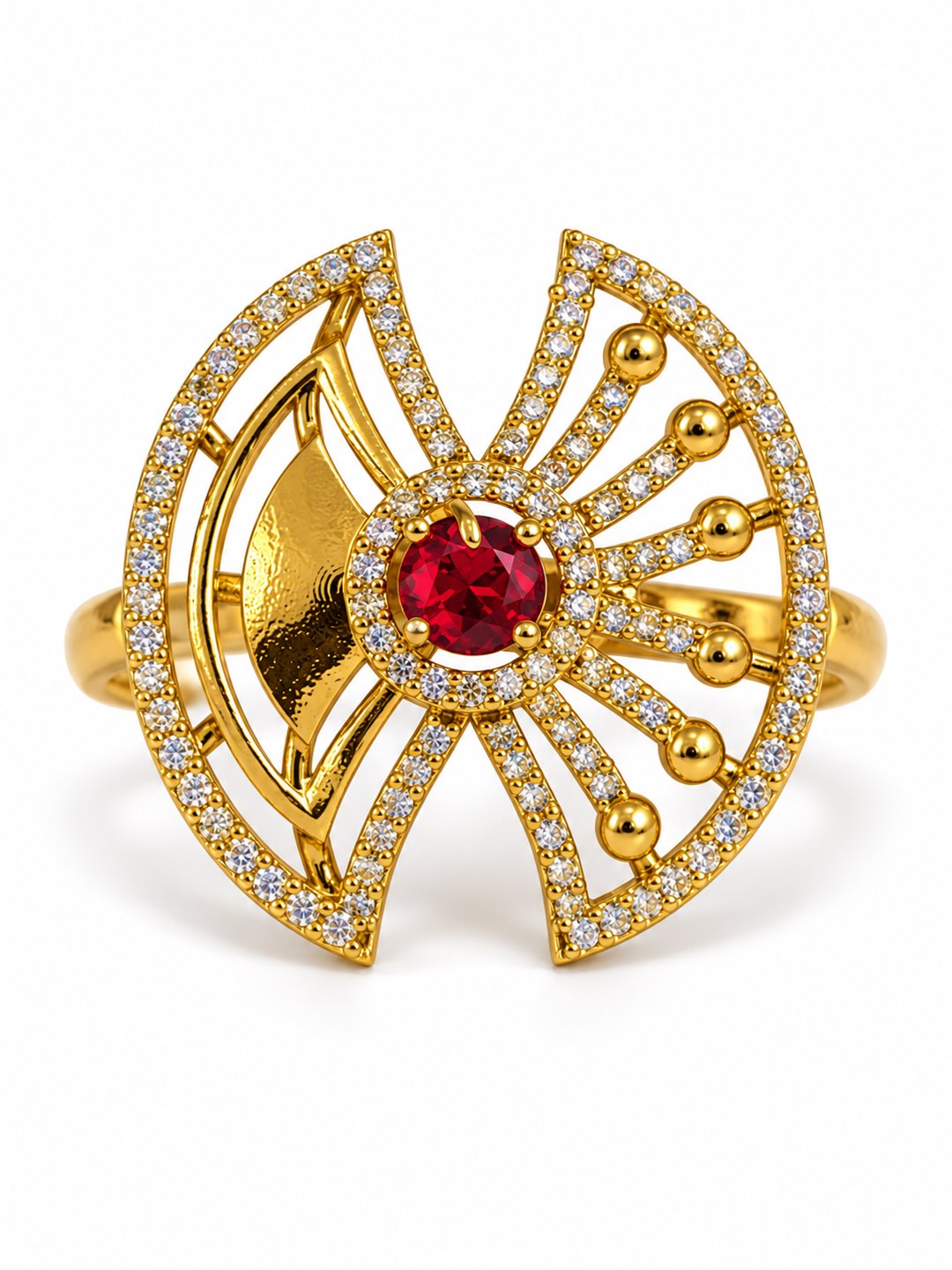 Red Stone Openwork Fan Ring - Gold Plated, additional view 4