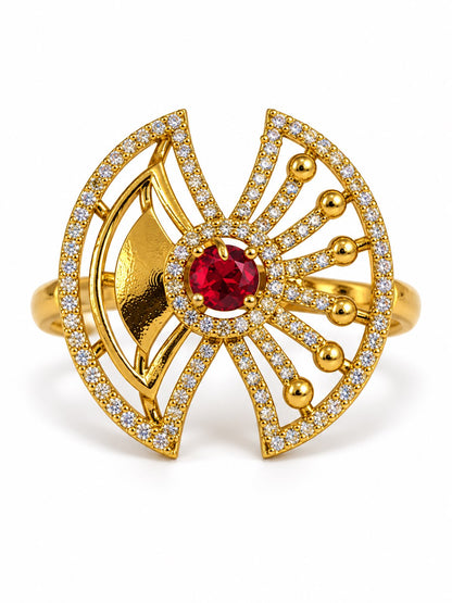 Red Stone Openwork Fan Ring - Gold Plated, additional view 4