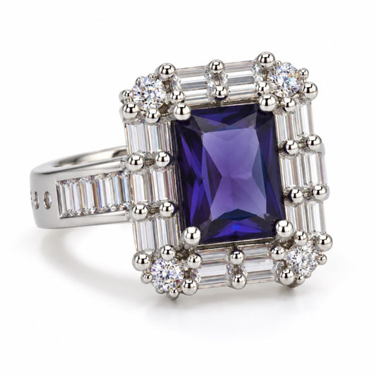 Purple Center Stone Baguette Halo Ring - Silver Plated product image