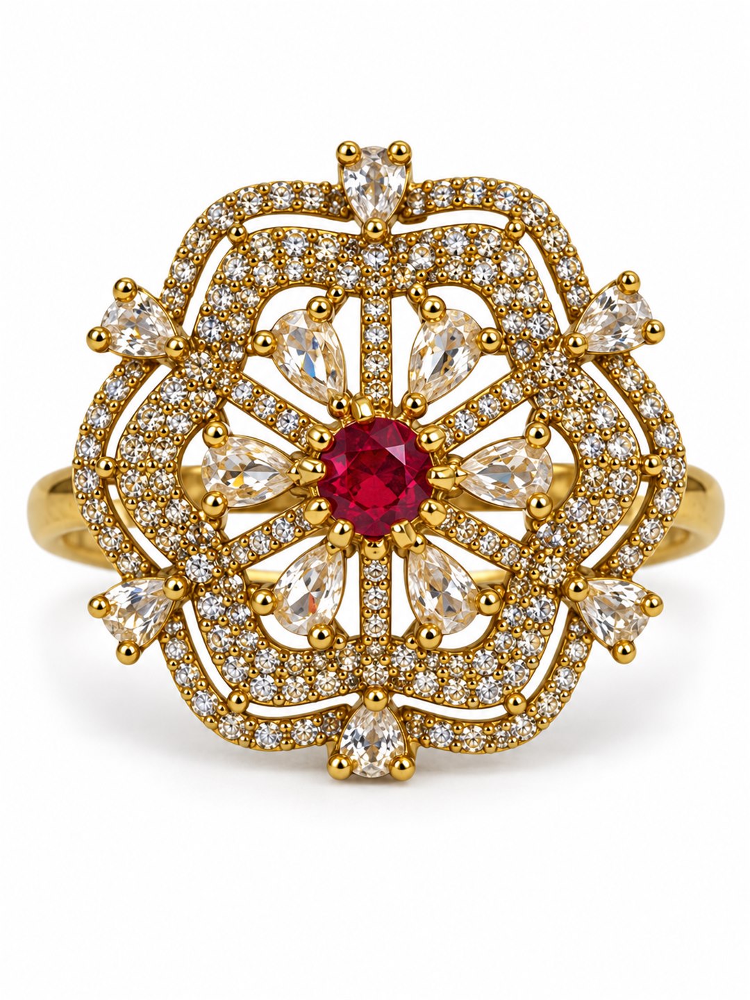 Red Stone Scalloped Floral Halo Ring - Gold Plated, additional view 4