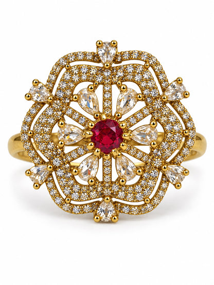 Red Stone Scalloped Floral Halo Ring - Gold Plated, additional view 4