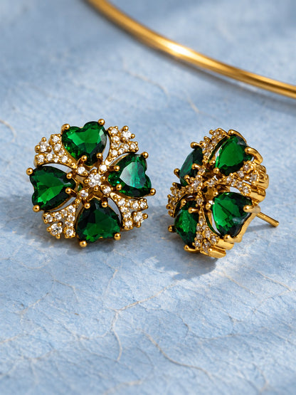 Green Four Heart Floral Stud Earrings - Gold Plated