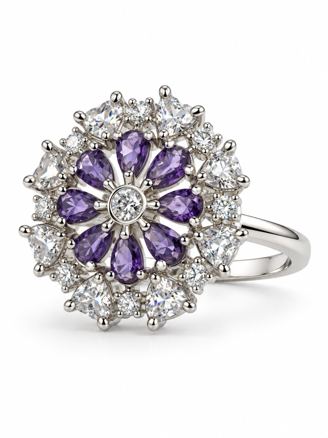 Purple Petal Halo Flower Ring - Silver Plated - alternate view