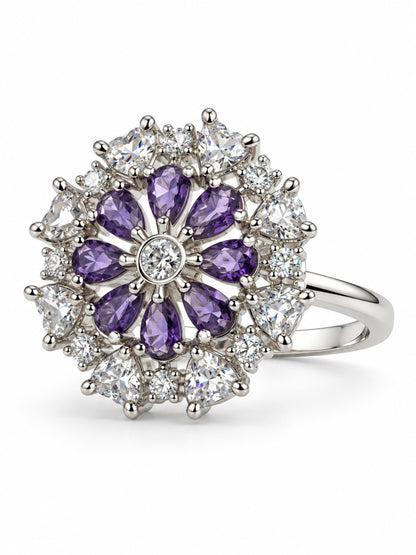 Purple Petal Halo Flower Ring - Silver Plated - alternate view
