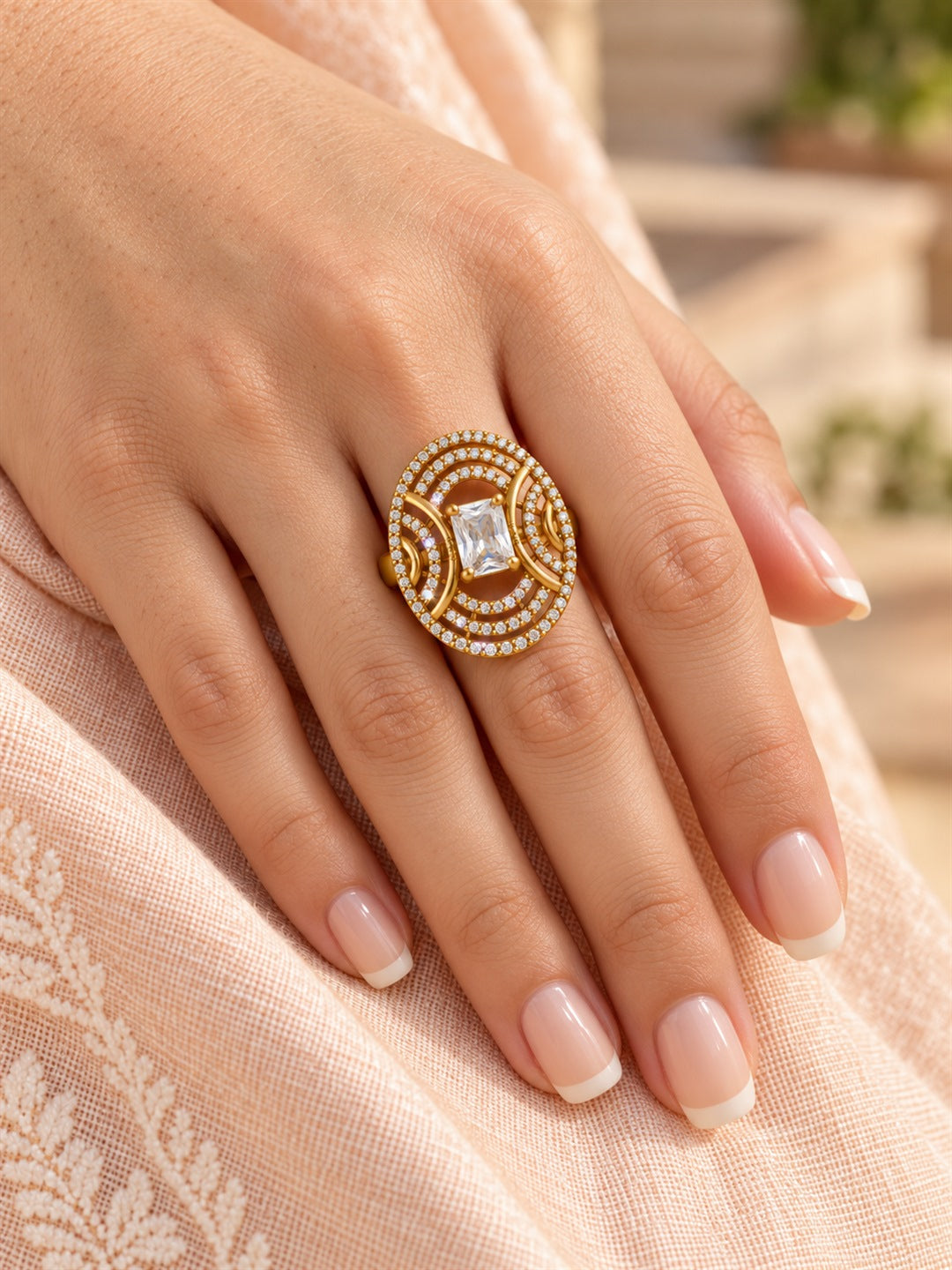Clear Stone Rectangular Stone Oval Halo Ring - Gold Plated, model close-up