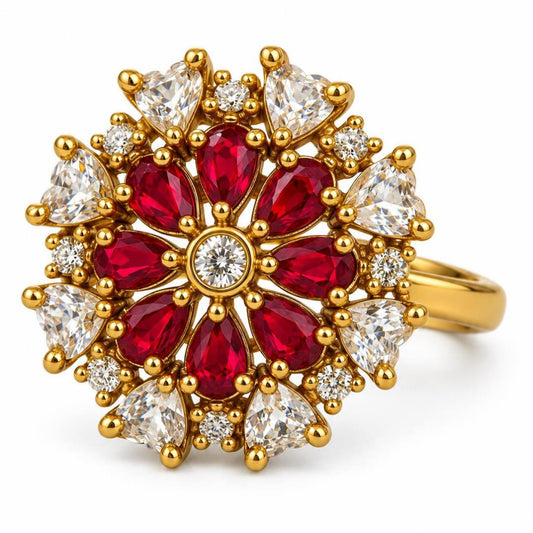Red Stone Teardrop Floral Cluster Ring - Gold Plated, product view