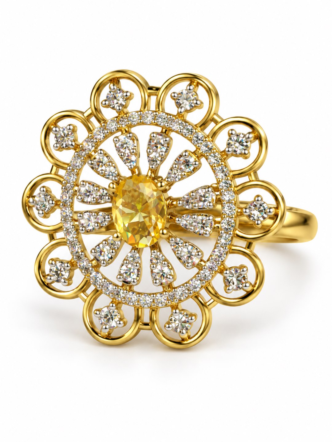 Yellow Center Stone Scalloped Floral Halo Ring - Gold Plated