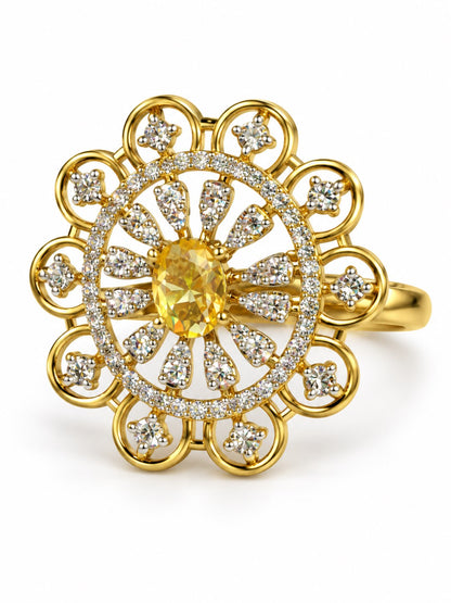 Yellow Center Stone Scalloped Floral Halo Ring - Gold Plated
