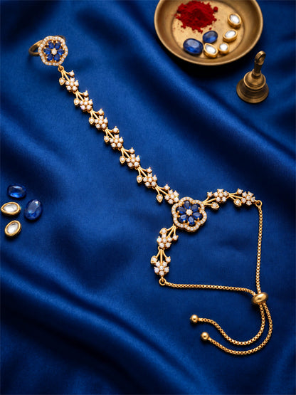 Blue Floral Marquise-Stone Chain Hathphool - Mehndi Plated