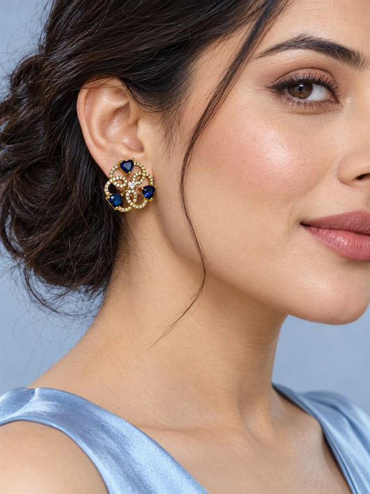 Blue Three Heart Openwork Floral Stud Earrings - Gold Plated on a model