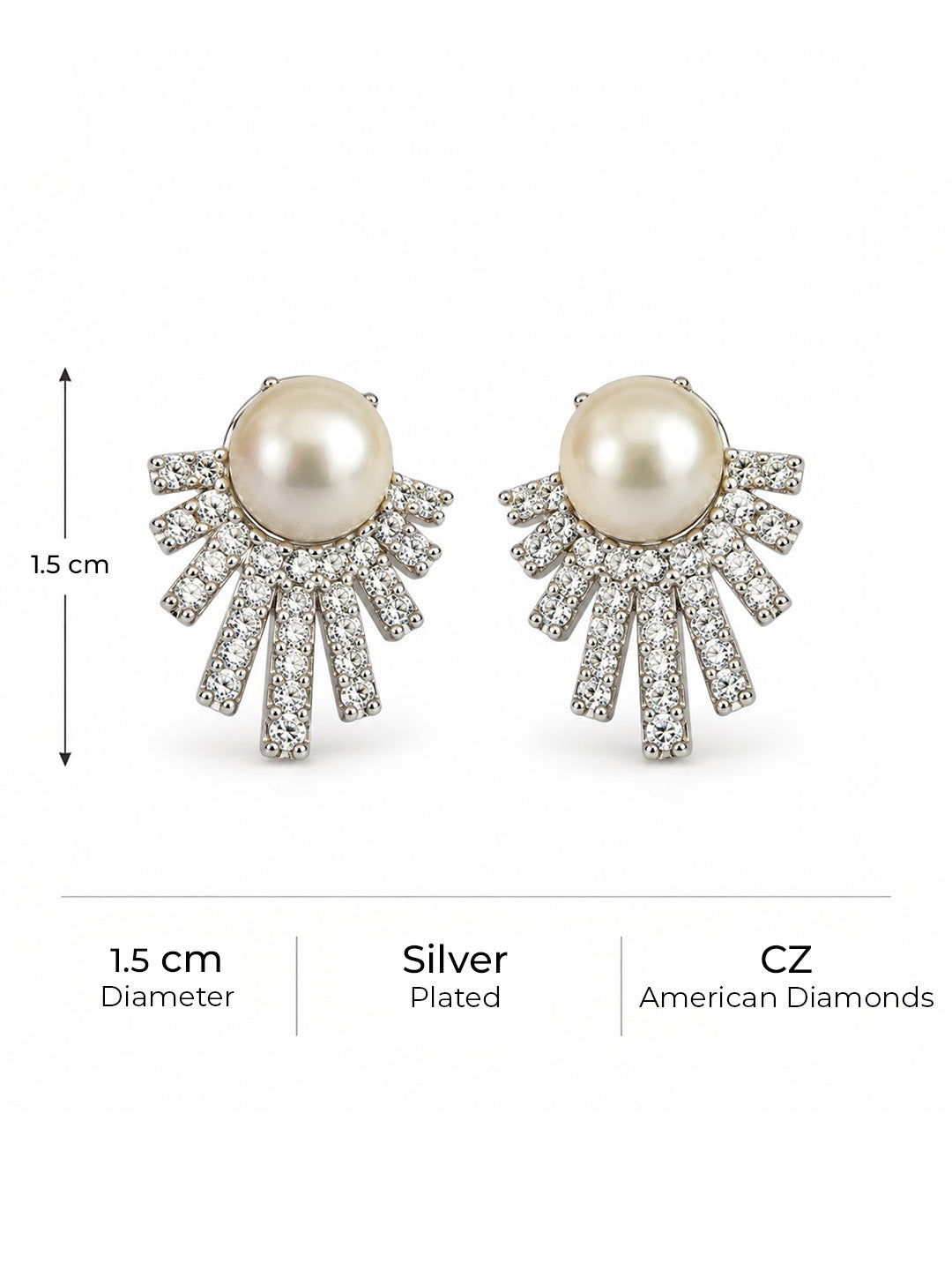 White Pearl-Effect Sunray Fan Stud Earrings, silver plated, size and plating details