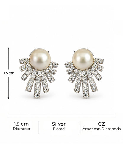 White Pearl-Effect Sunray Fan Stud Earrings, silver plated, size and plating details
