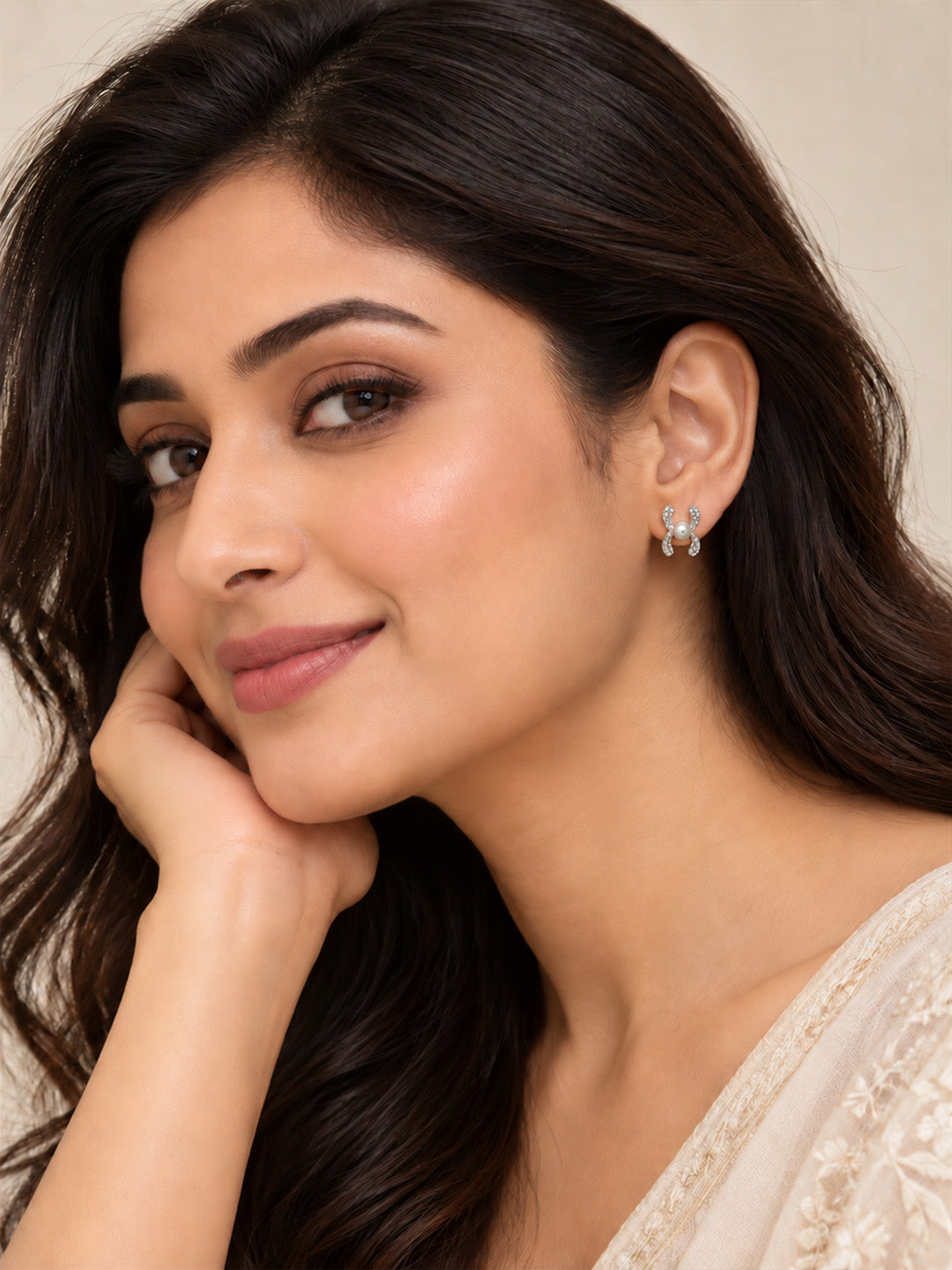 White Pearl-Effect Four Petal Stud Earrings, silver plated, worn on model