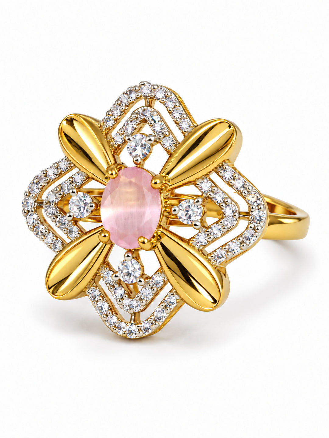 Pink Center Stone Four-Petal Floral Ring - Gold Plated