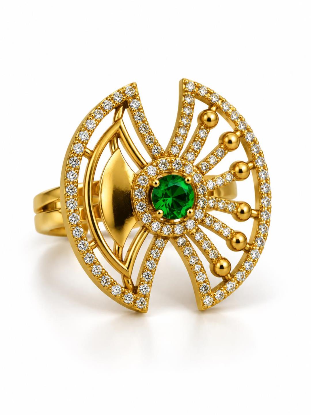 Green Stone Openwork Fan Ring - Gold Plated, additional view 1