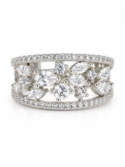 Clear Marquise Floral Band Ring - Silver Plated