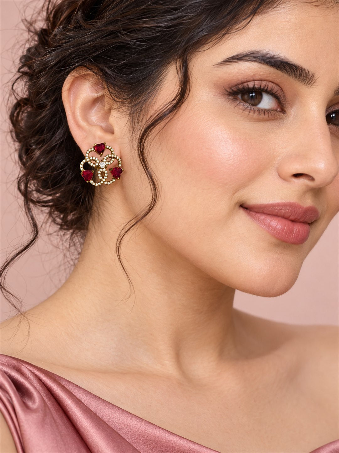 Red Three Heart Openwork Floral Stud Earrings - Gold Plated on a model