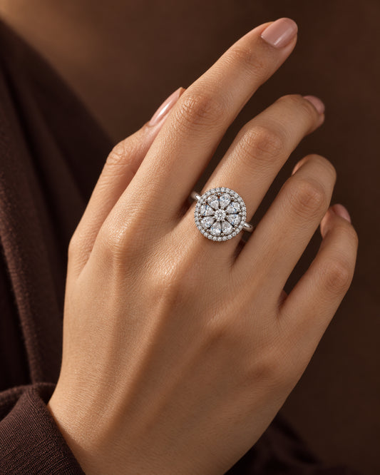 Clear Round Floral Cluster Ring - Silver Plated worn on hand