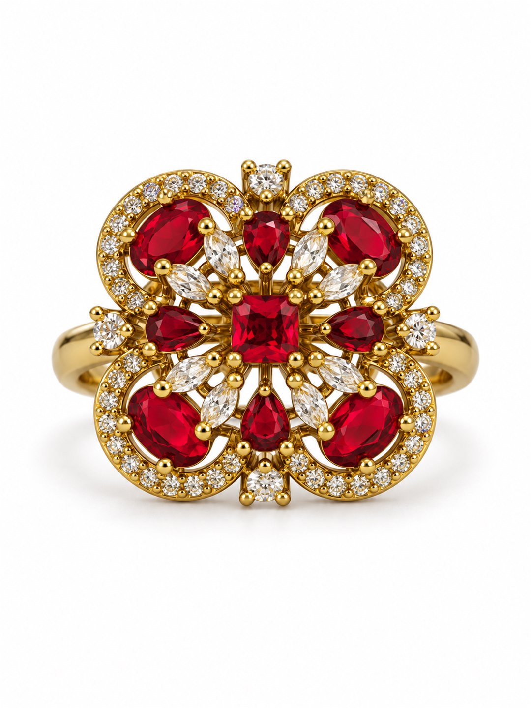 Red Stone Four Leaf Clover Cluster Ring - Gold Plated, additional view 4