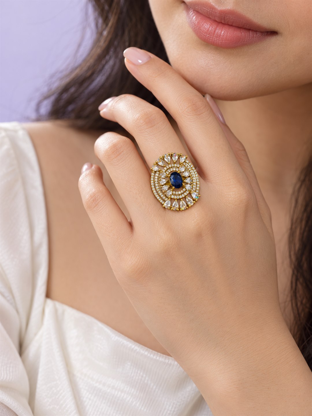 Blue Stone Oval Teardrop Halo Ring - Gold Plated, model close-up