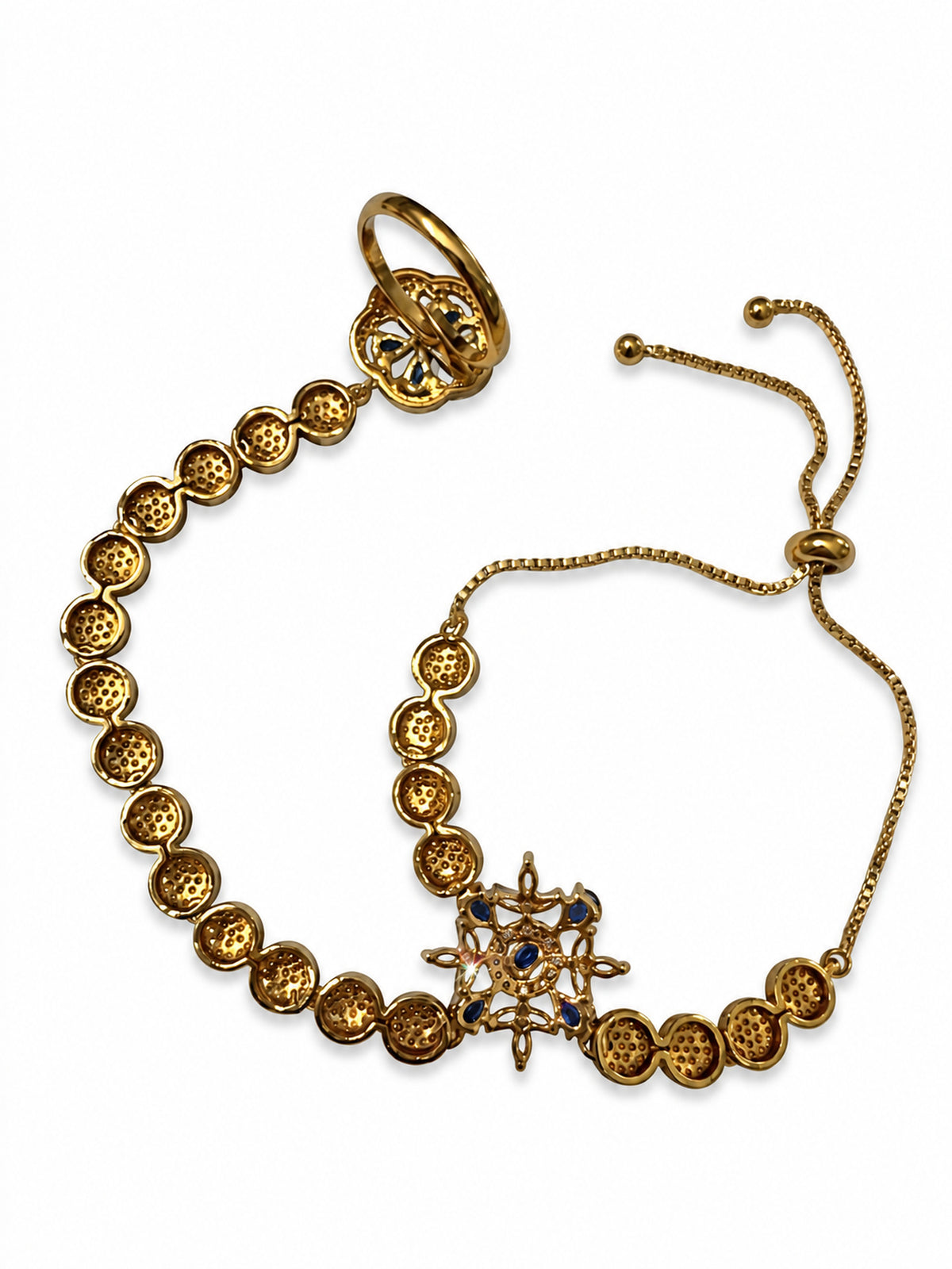 Blue Floral Round-Stone Chain Hathphool - Mehndi Plated