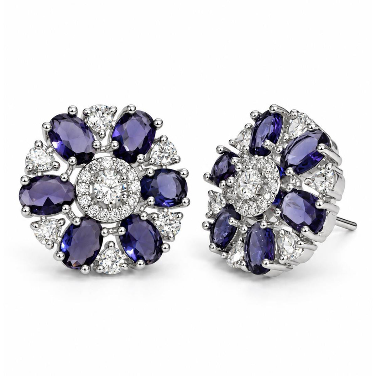 Purple rectangular stone flower silver-plated stud earrings