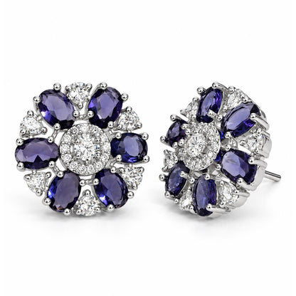 Purple rectangular stone flower silver-plated stud earrings