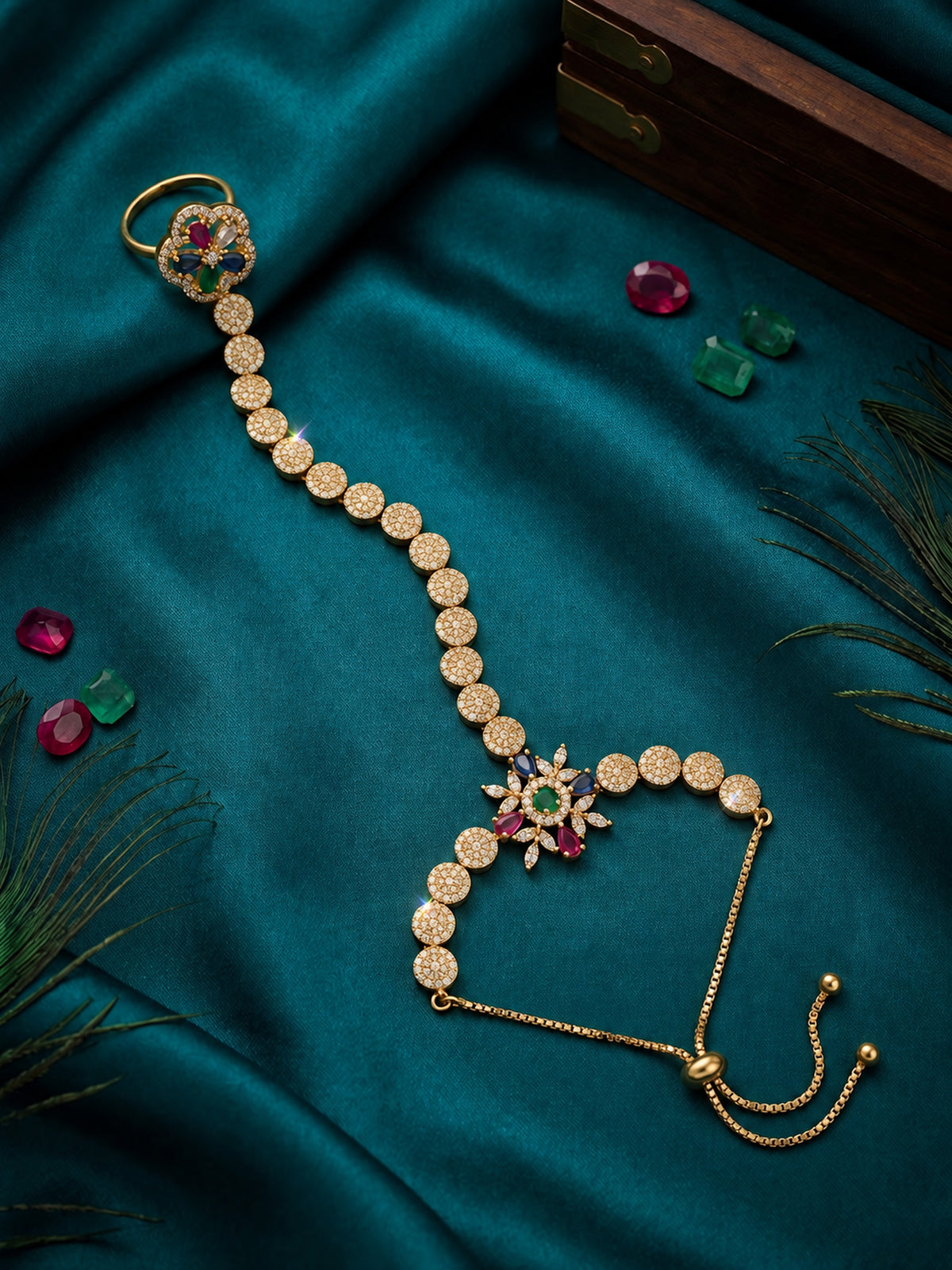 Multicolor Floral Round-Stone Chain Hathphool - Mehndi Plated