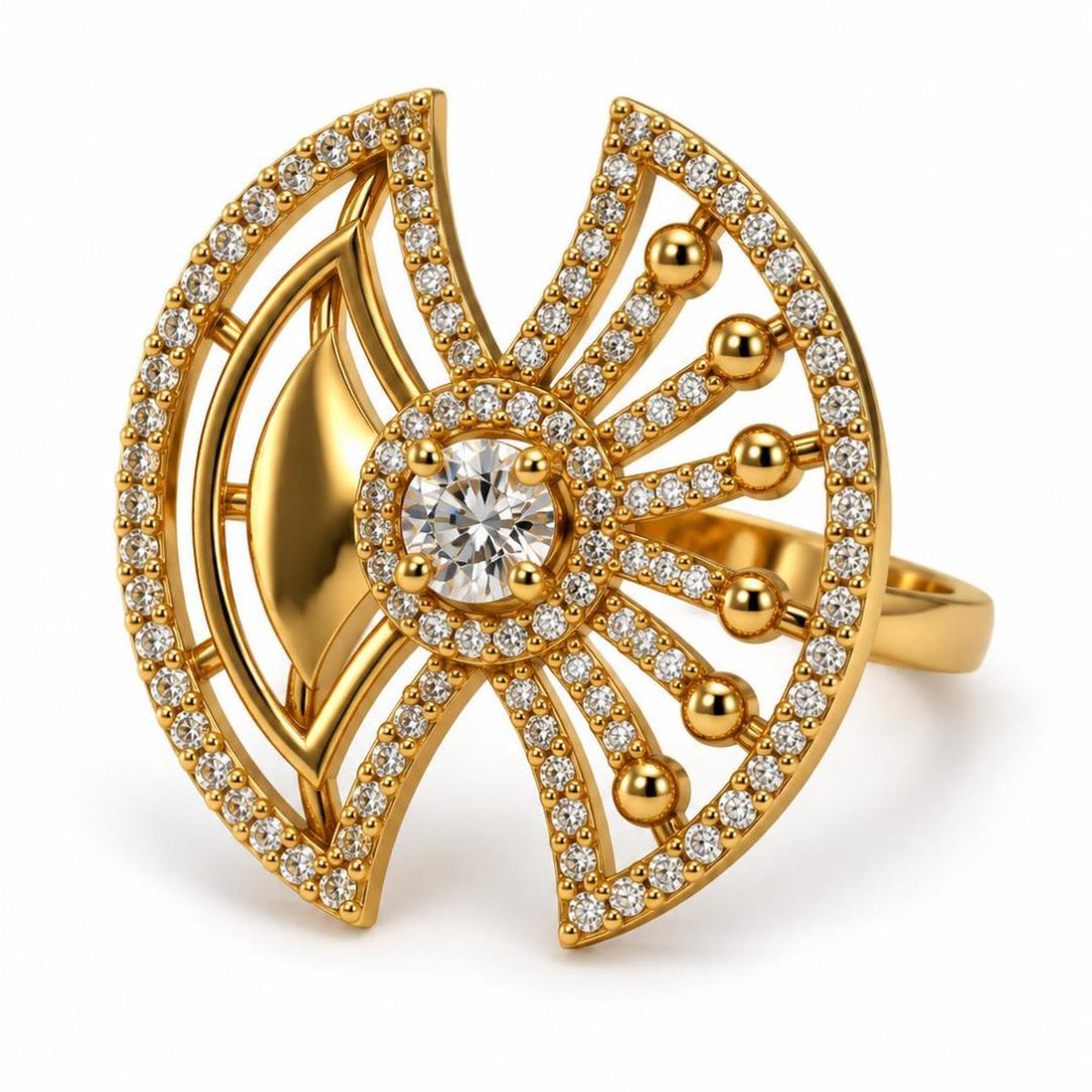 Clear Stone Openwork Fan Ring - Gold Plated, product view