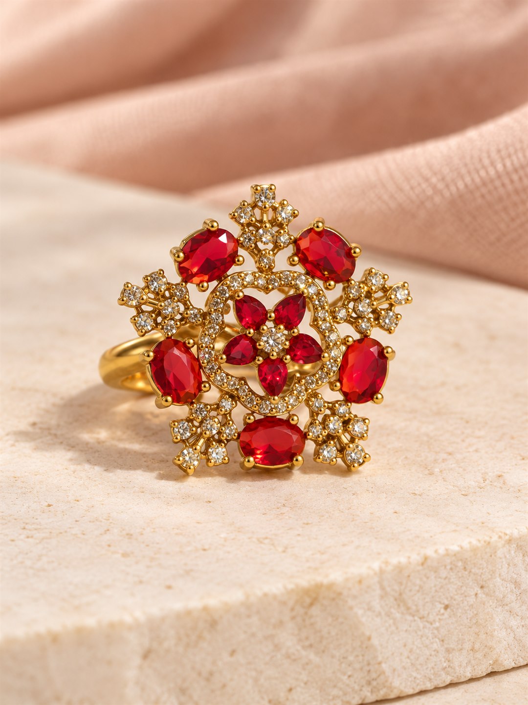 Red Stone Floral Cross Cluster Ring - Gold Plated, additional view 3