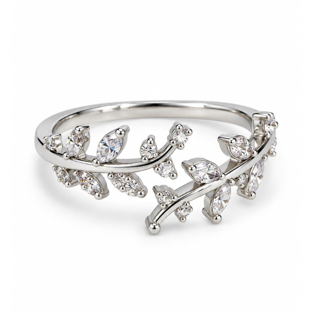 Clear Leaf Vine Ring - Silver Plated