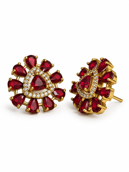 Red Triangle Center Halo Stud Earrings - Gold Plated