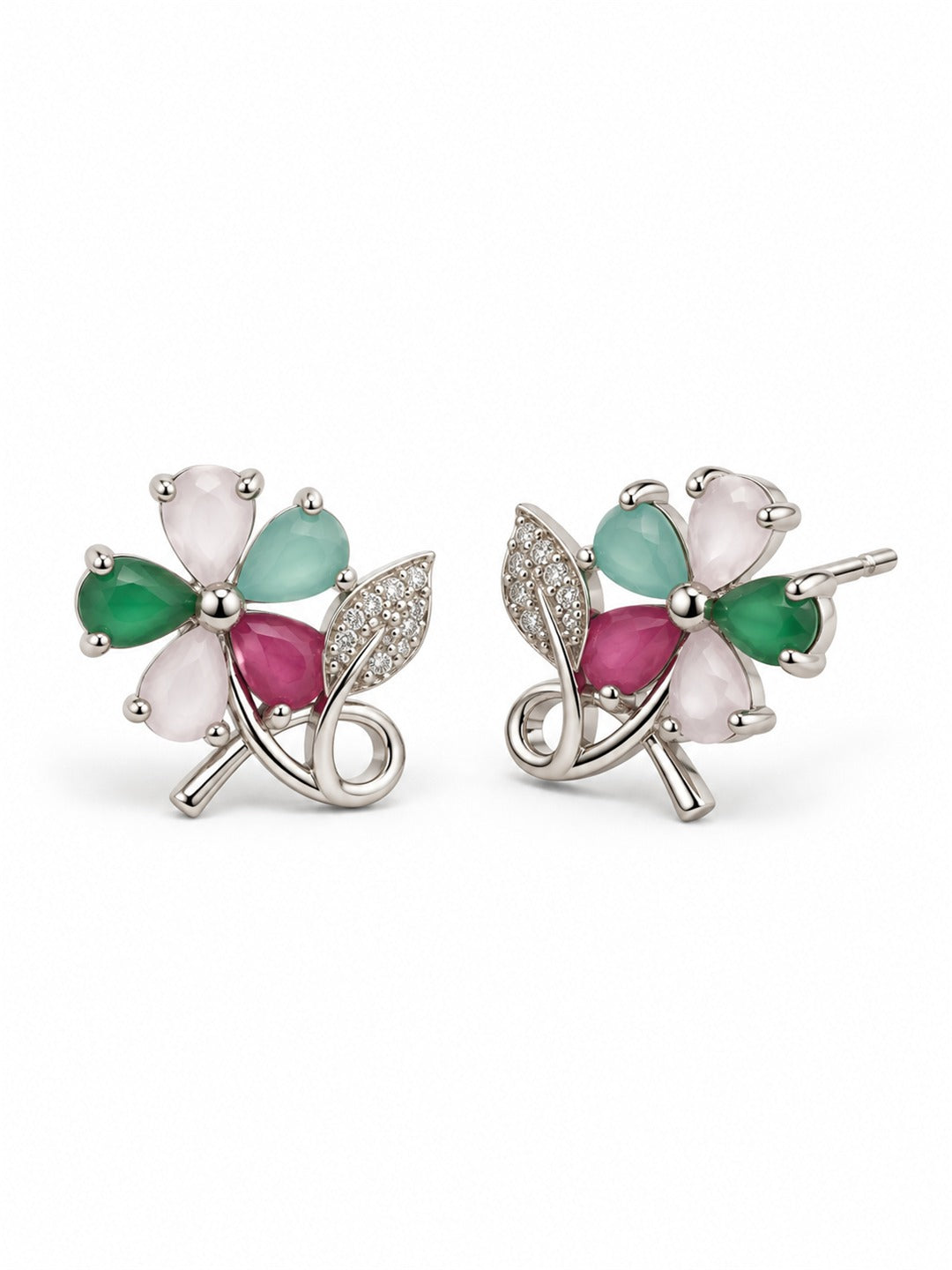 Multicolor Flower and Leaf Stud Earrings, silver plated, alternate product view
