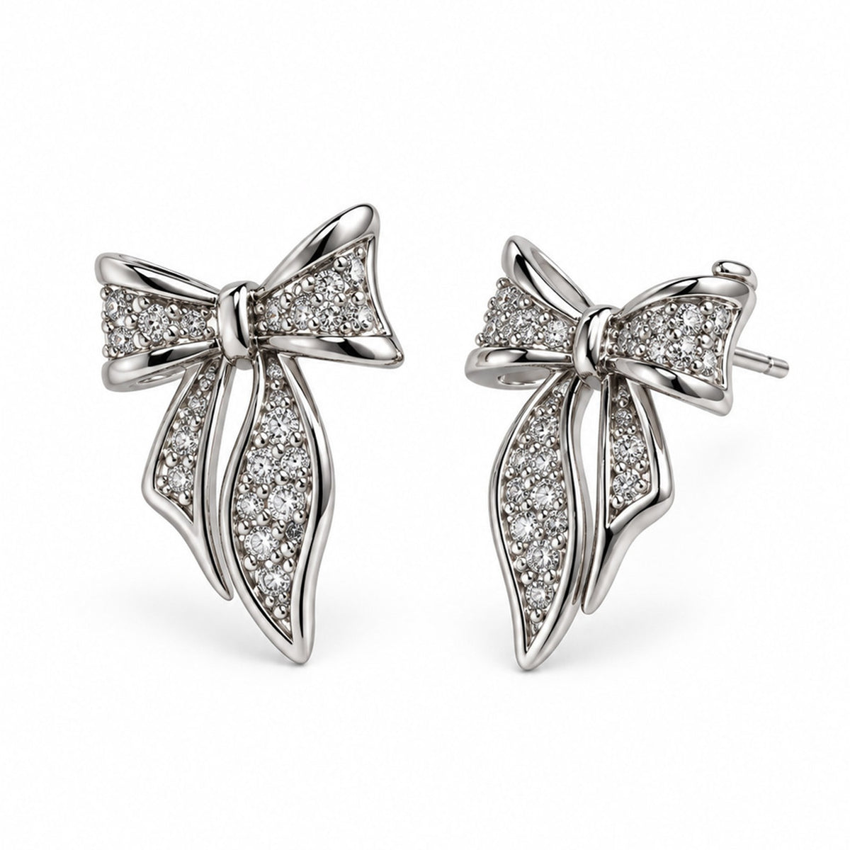 Clear Pave Bow Stud Earrings, silver plated