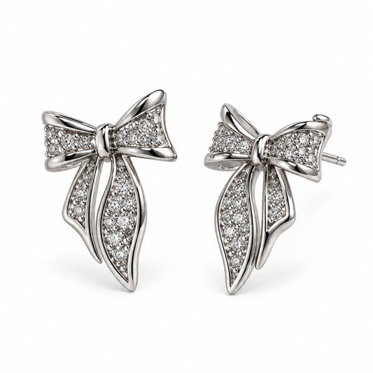 Clear Pave Bow Stud Earrings, silver plated
