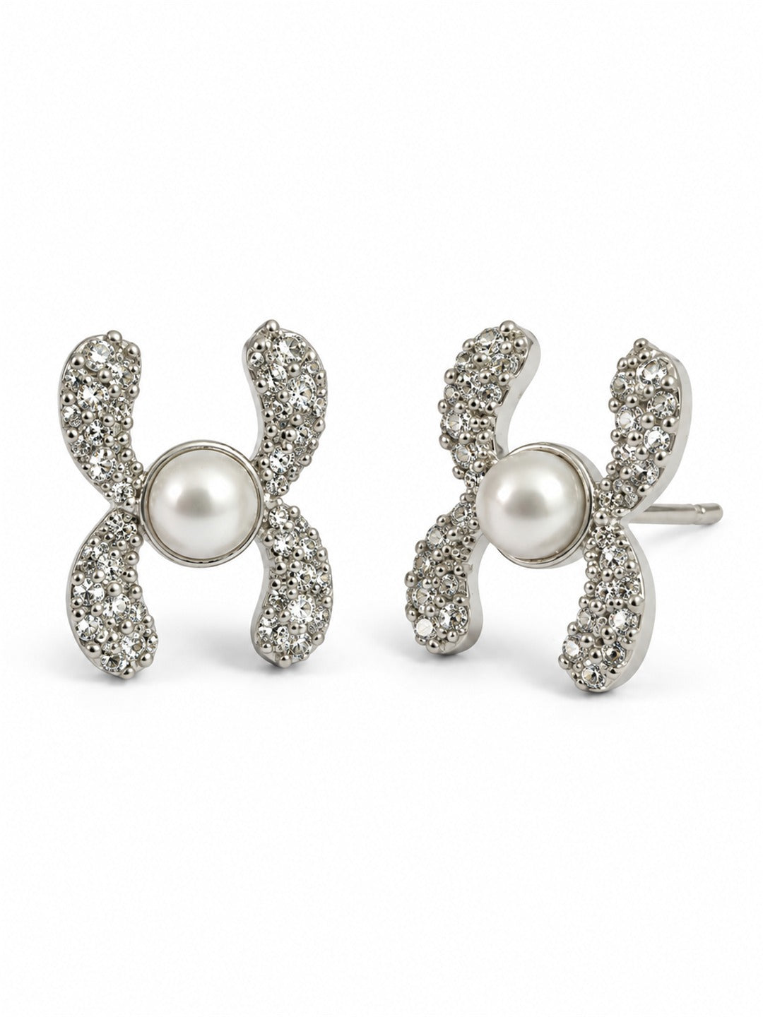 White Pearl-Effect Four Petal Stud Earrings, silver plated, alternate product view