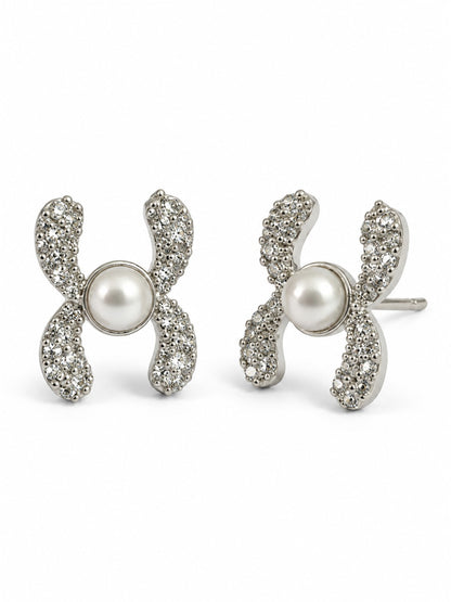 White Pearl-Effect Four Petal Stud Earrings, silver plated, alternate product view
