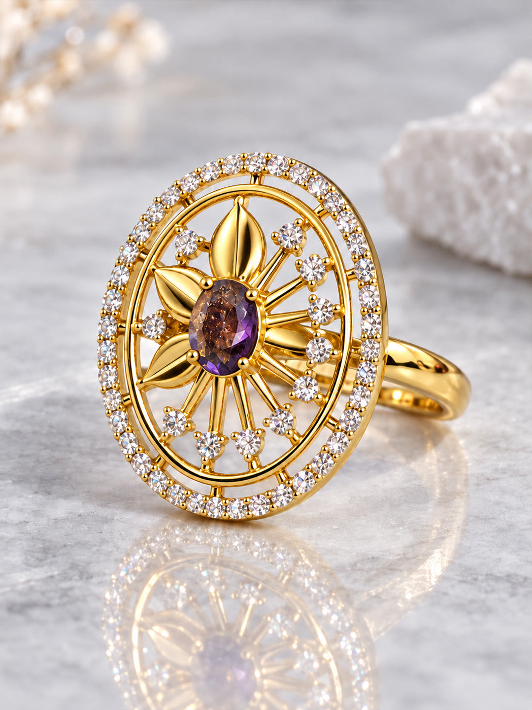 Purple Center Stone Oval Sunburst Ring - Gold Plated