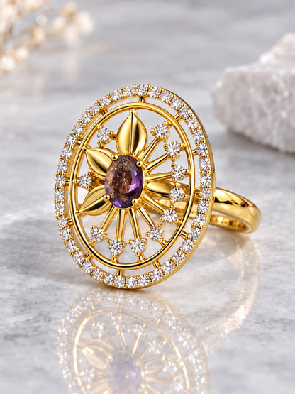 Purple Center Stone Oval Sunburst Ring - Gold Plated