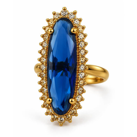 Blue Stone Elongated Stone Halo Ring - Gold Plated, product view