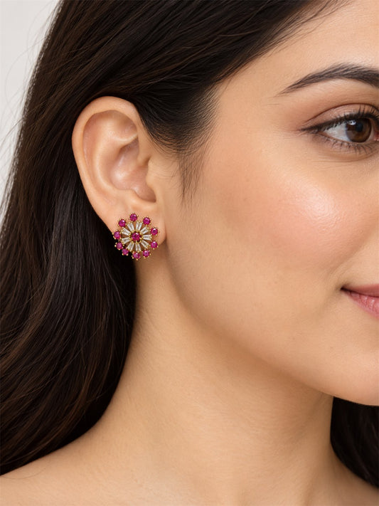 Pink Baguette Sunburst Stud Earrings, gold plated, model close-up