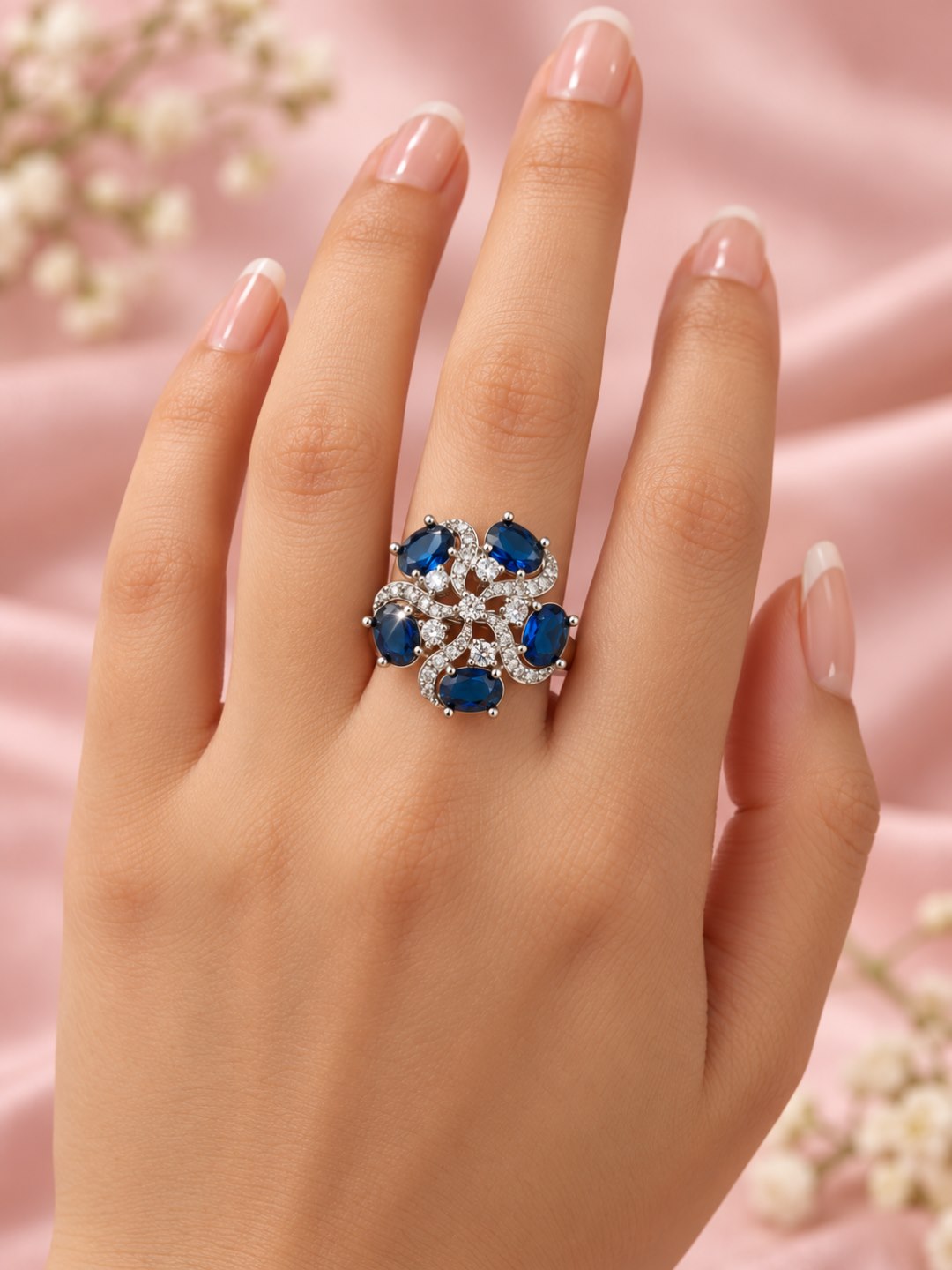 Blue Oval Stone Floral Ring - Silver Plated worn on hand - close-up