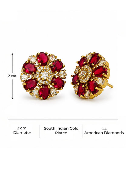 Red Oval Petal Floral Stud Earrings - Gold Plated