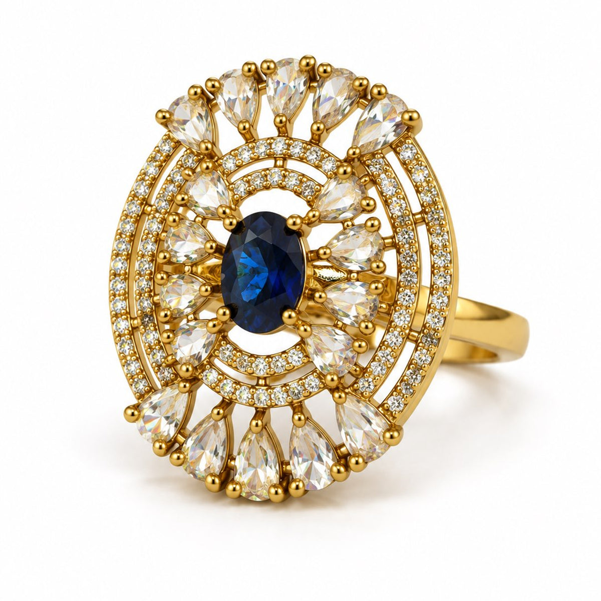 Blue Stone Oval Teardrop Halo Ring - Gold Plated, product view