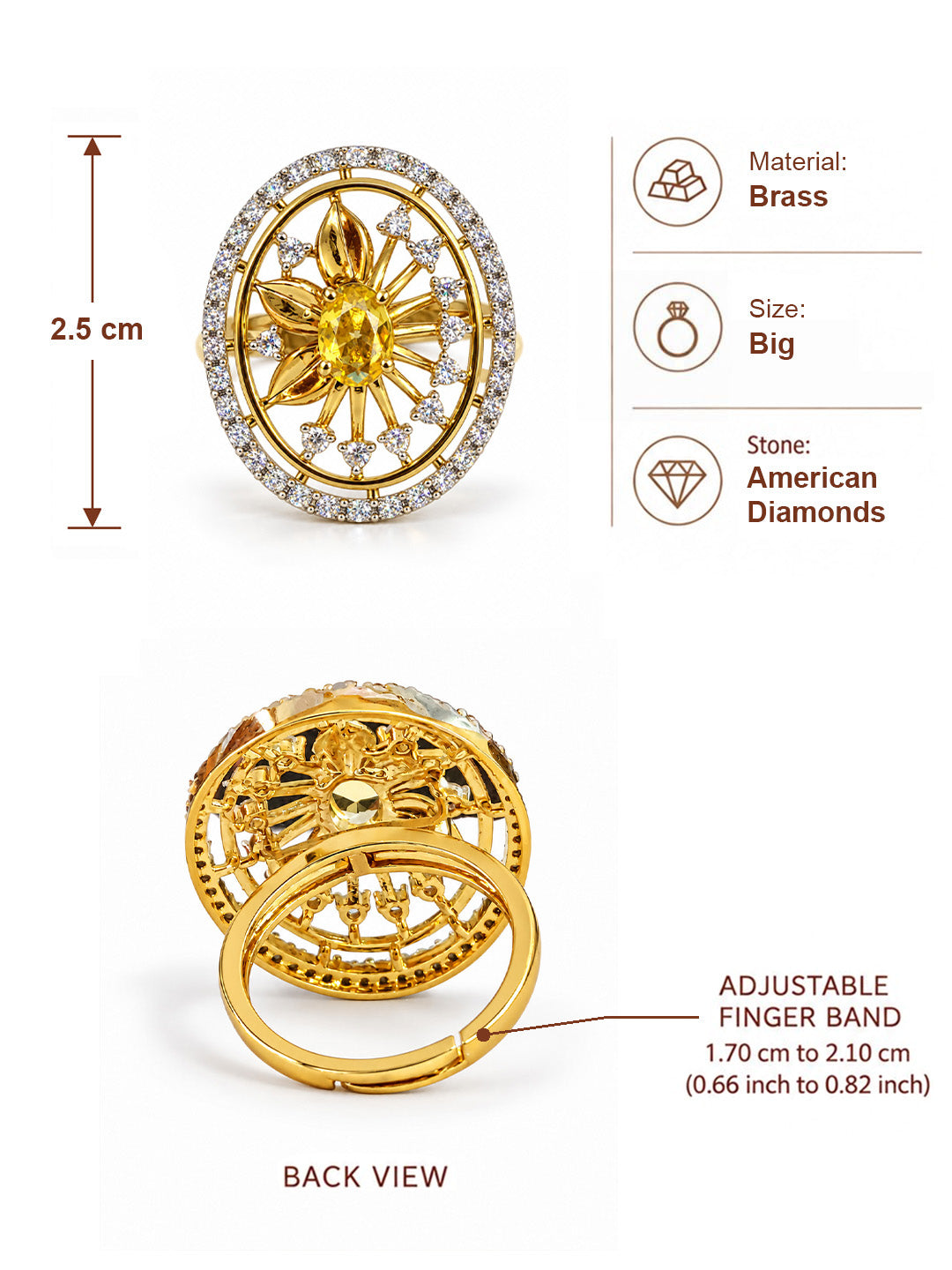Yellow Center Stone Oval Sunburst Ring - Gold Plated