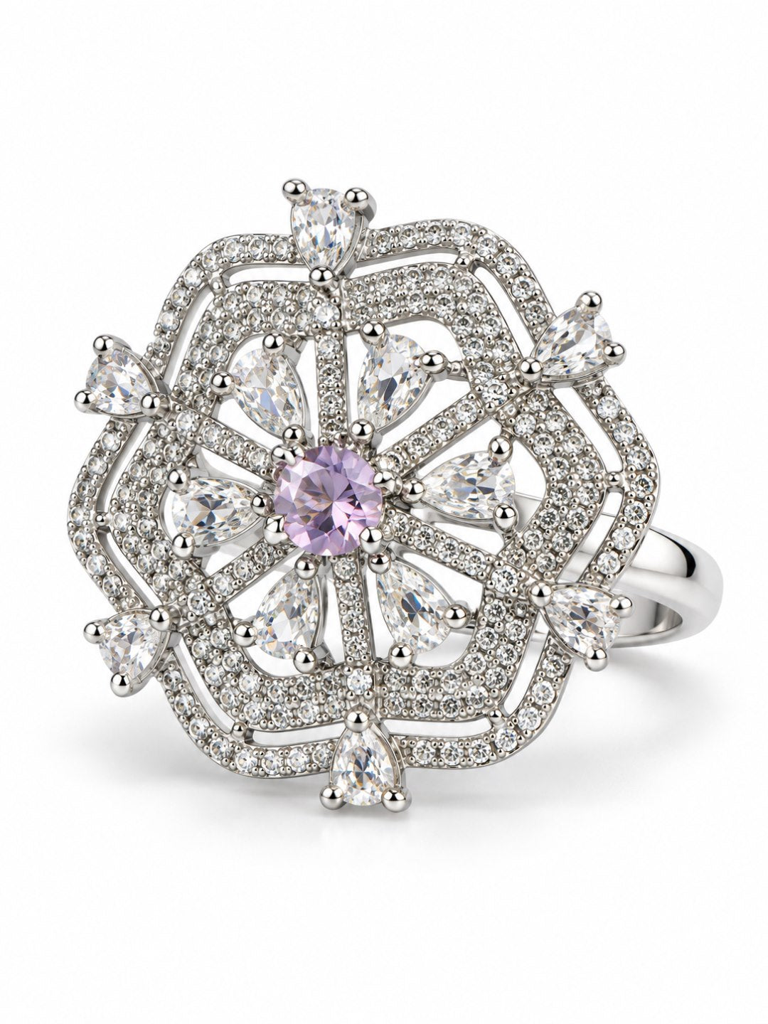 Lavender Round Center Geometric Flower Ring - Silver Plated - alternate view