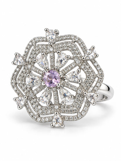 Lavender Round Center Geometric Flower Ring - Silver Plated - alternate view