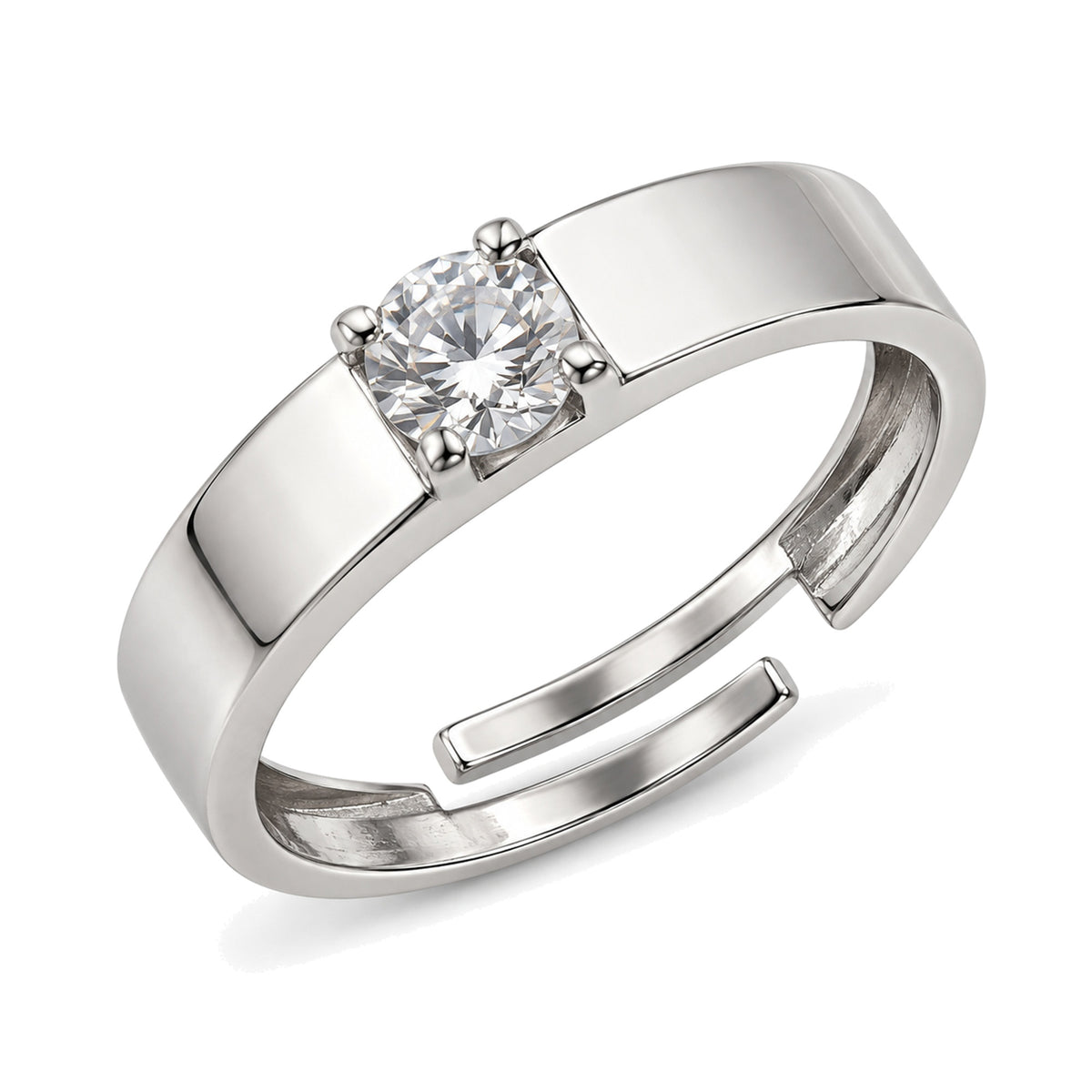 Clear Stone Solitaire Wide Band Ring - Silver Plated, product view