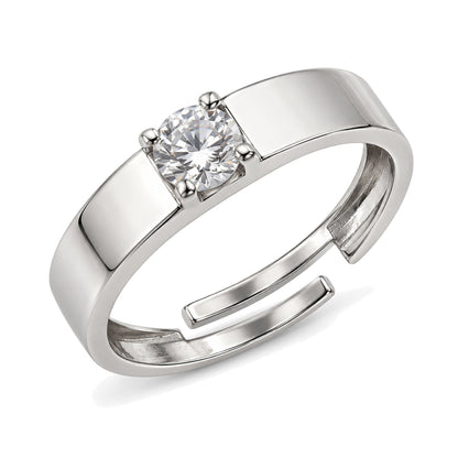 Clear Stone Solitaire Wide Band Ring - Silver Plated, product view